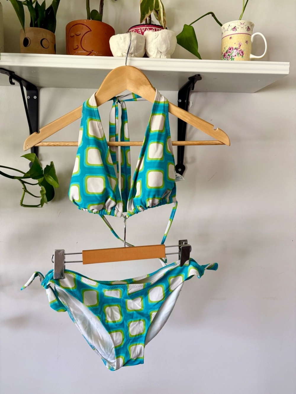 California Waves Blue and Green Geometric Halter Bikini